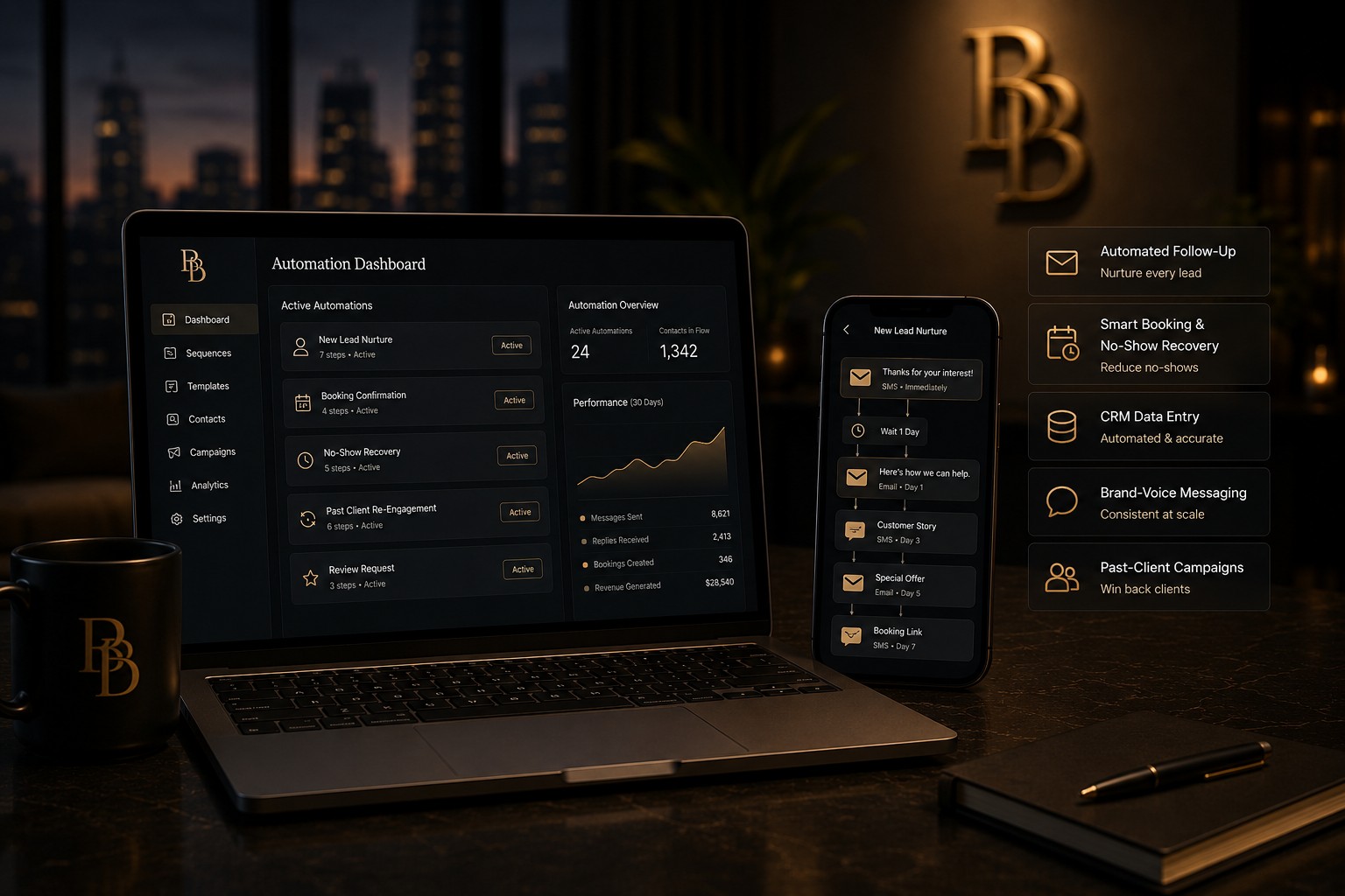 Bougies Billion automation dashboard with active sequences for new lead nurture, booking confirmation, no-show recovery, and re-engagement