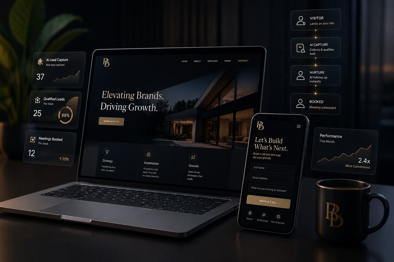 Modern Bougies Billion website on laptop with AI lead capture and performance dashboards